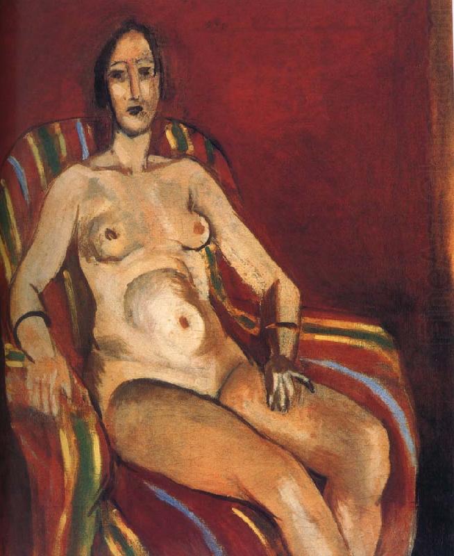 Naked in front of a red background like, Henri Matisse
